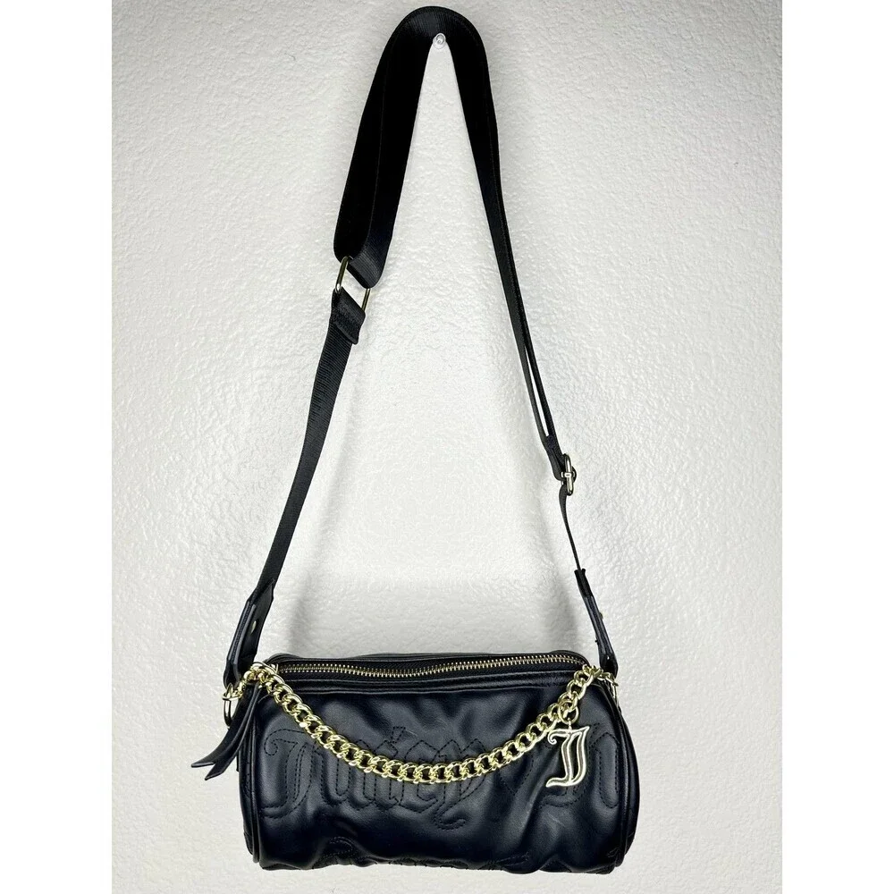 Juicy Couture Crossbody Bag Womens Small Black Faux Leather Chain Logo Barrel